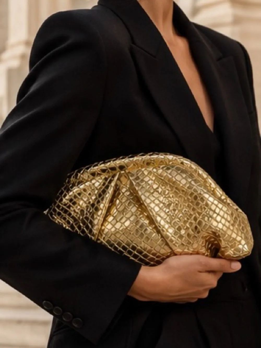 Gold Woven Leather Pouch Clutch Sculptural Evening Handbag